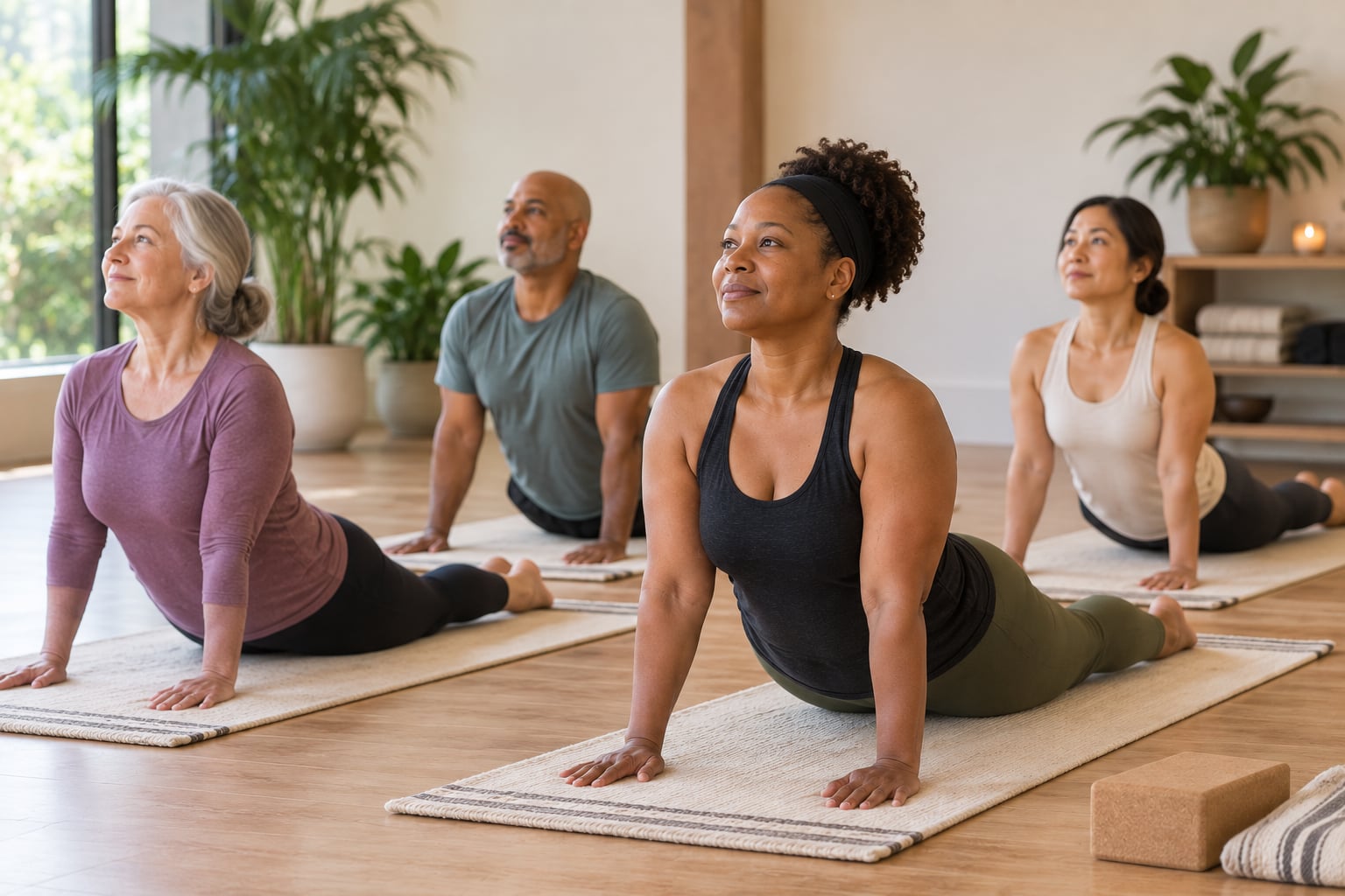 A diverse group of adults practicing yoga together in a bright studio