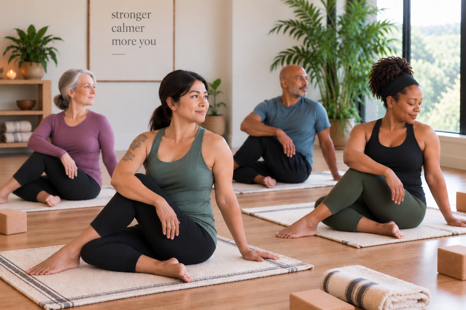 A small group practicing gentle seated twists in a plant-filled yoga studio