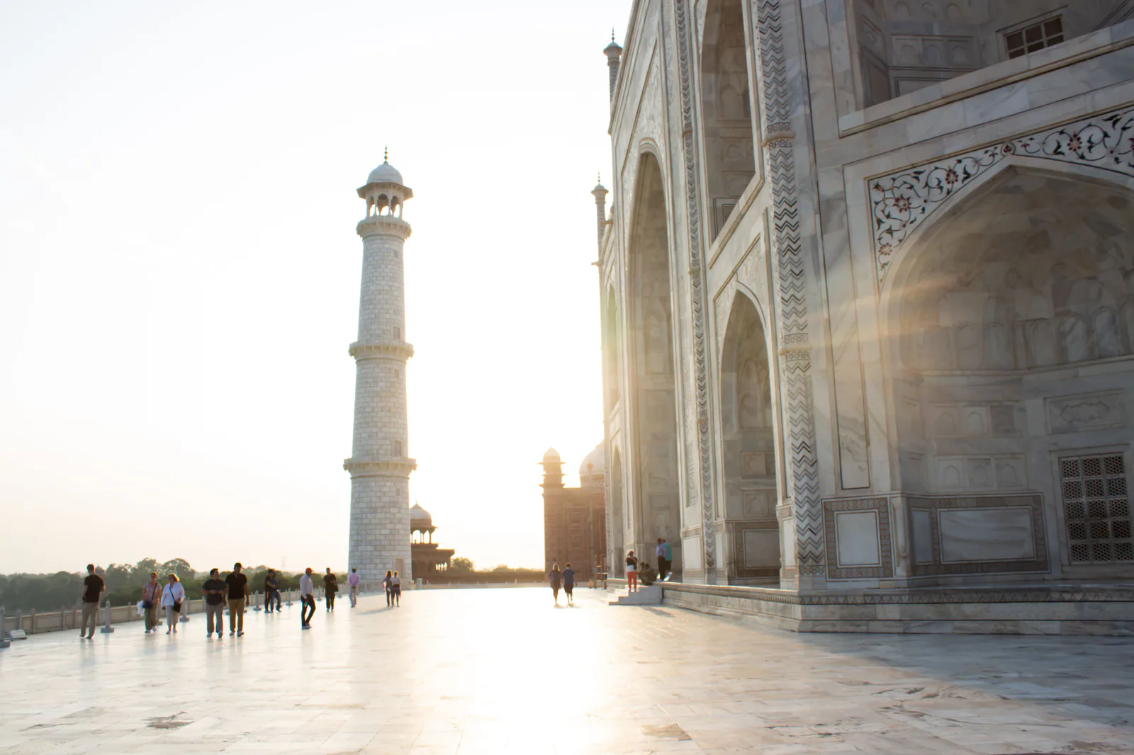 The Taj Mahal glowing in the golden light of sunrise in Agra, India