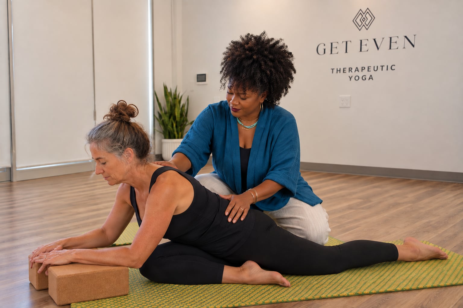 A yoga instructor assisting a woman with a supported stretch using a block
