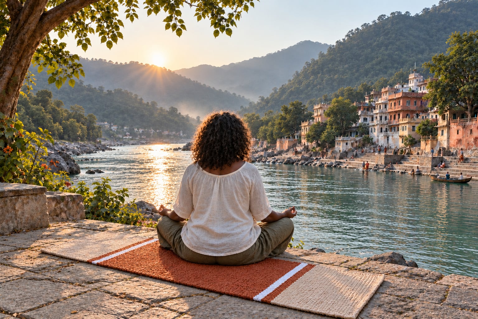 Woman meditating by the river at sunrise