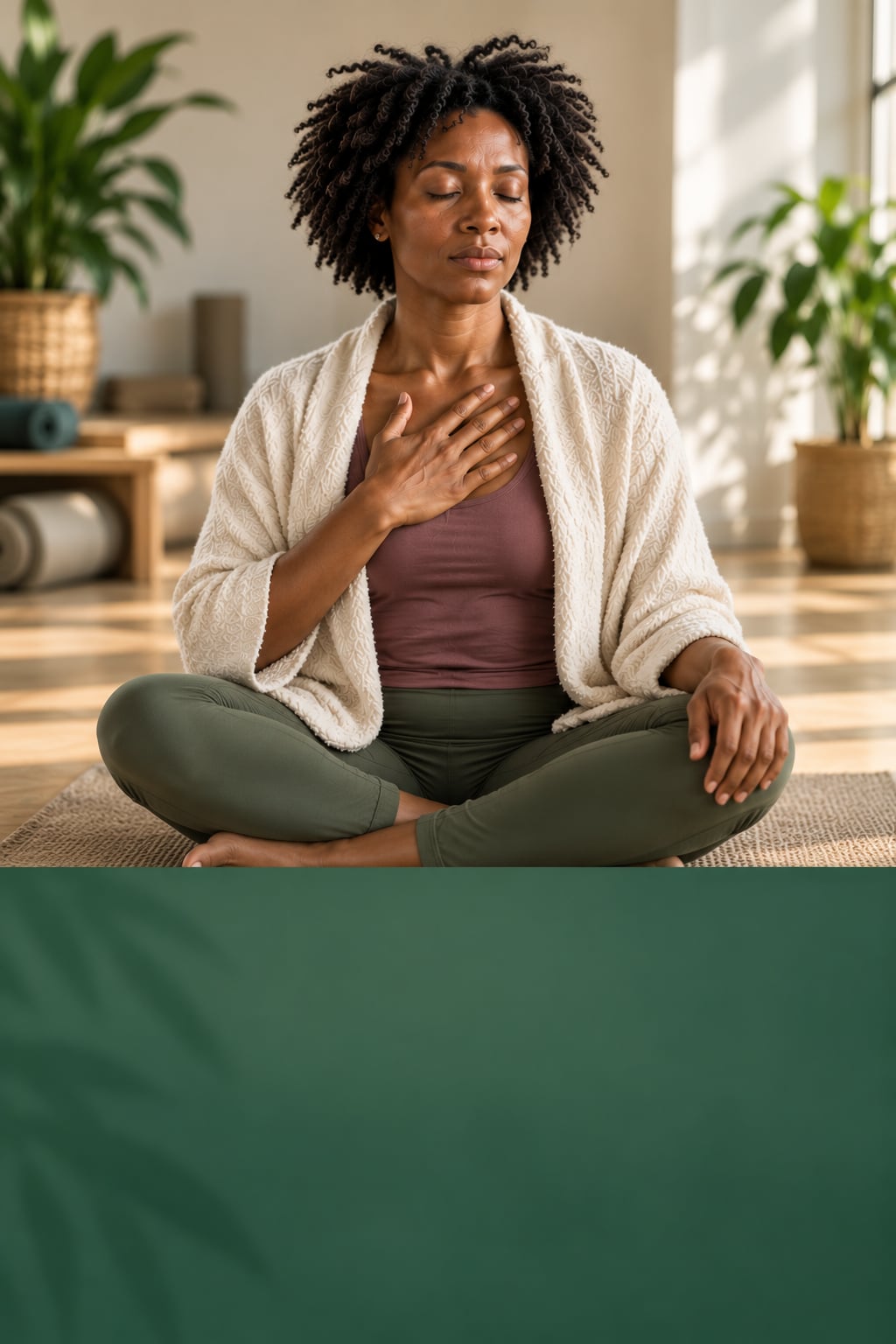 A woman meditating peacefully among plants