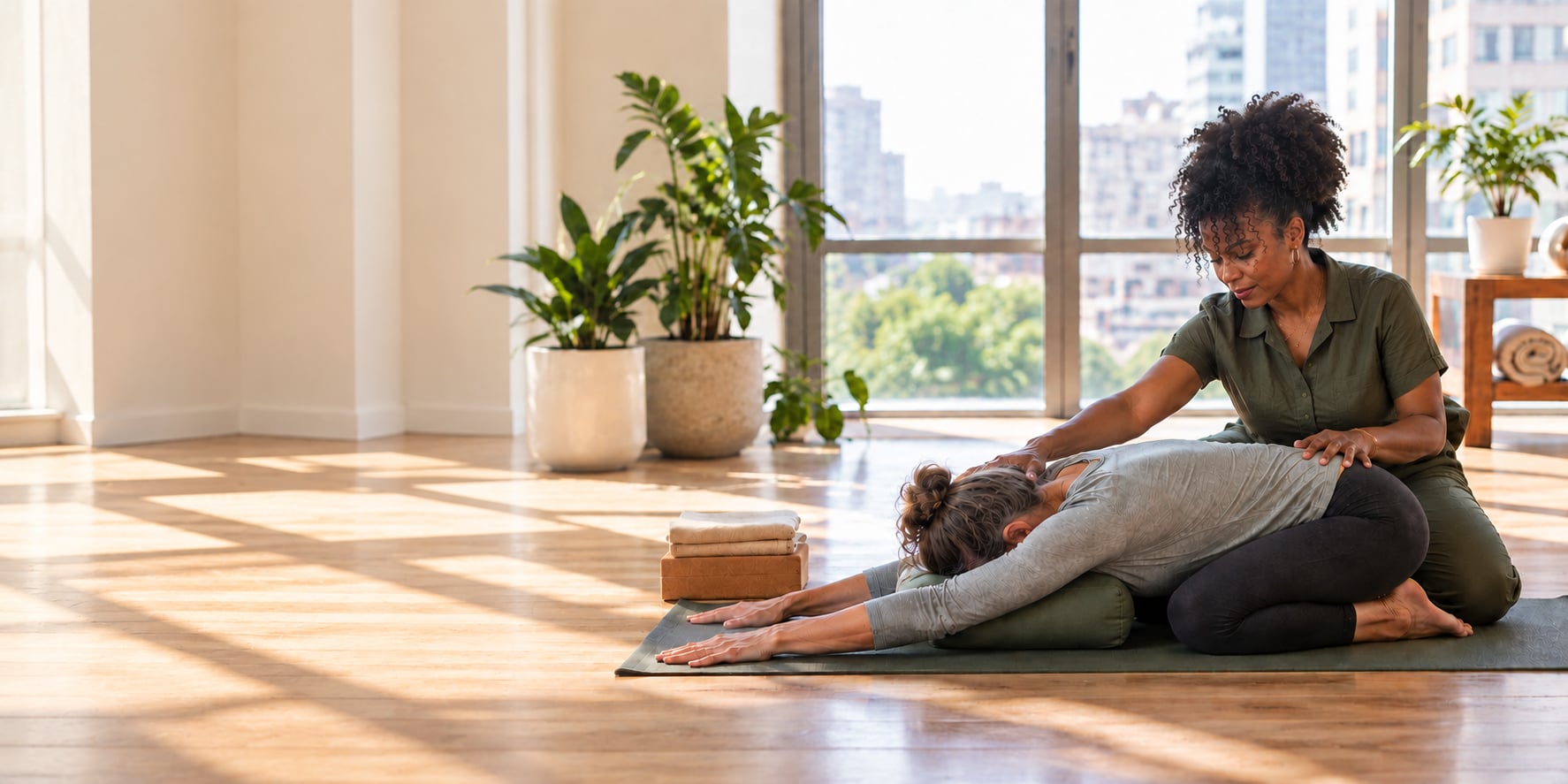 A yoga therapist guiding a student through a supported child's pose in a bright studio