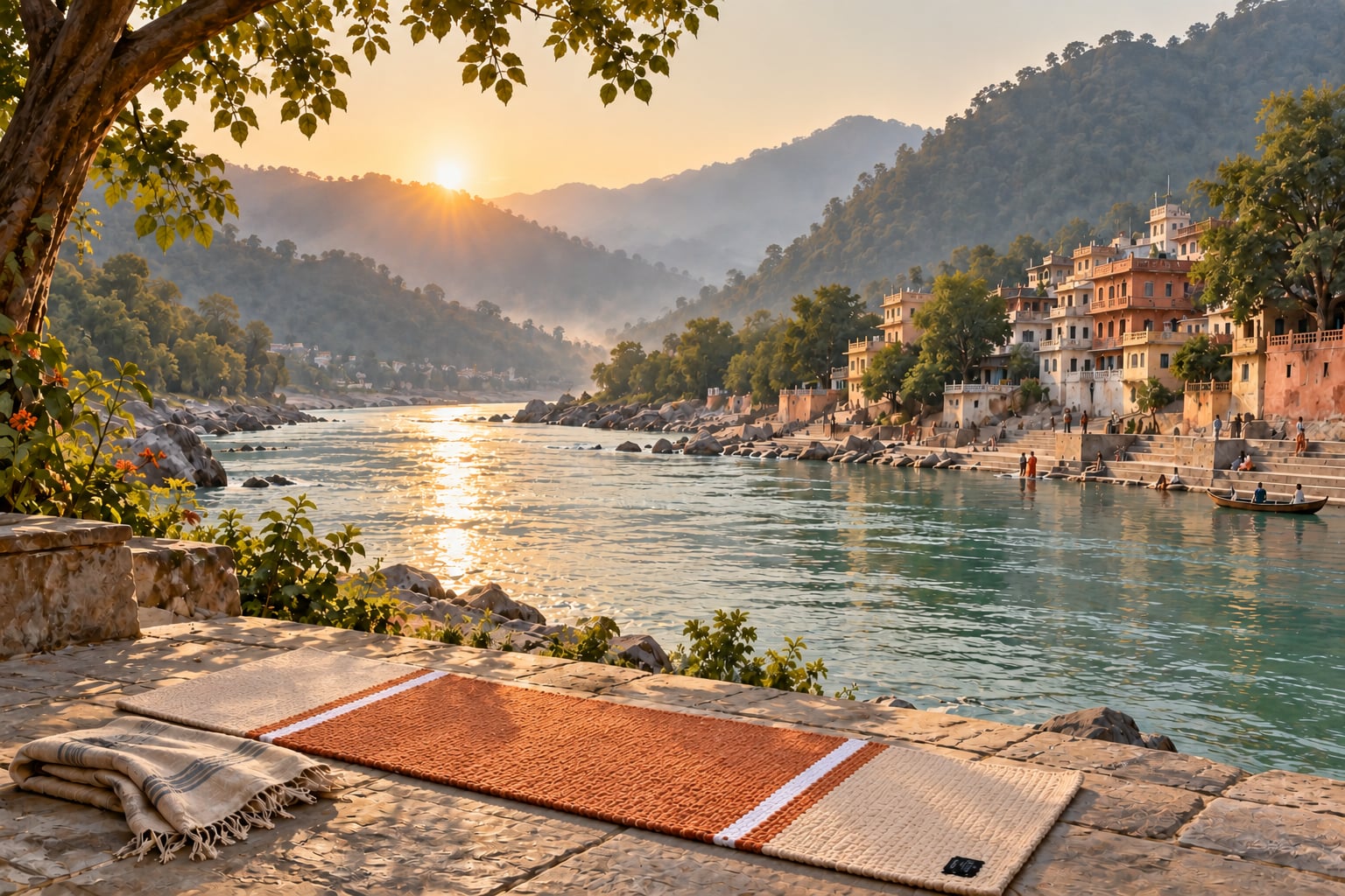 Yoga mat unrolled on a riverbank at sunrise