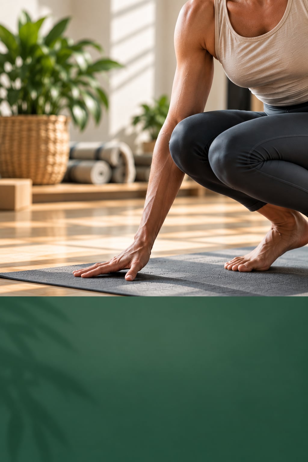 Practitioner in a simple home yoga pose, natural light